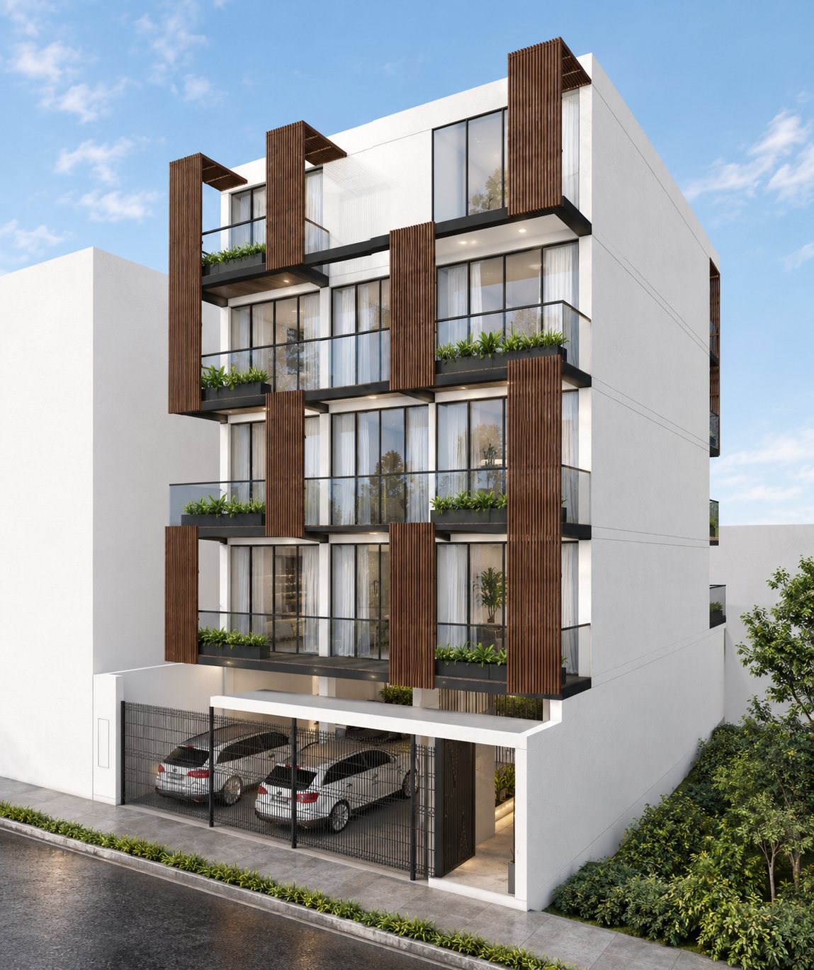 Fachada del edificio Oasis Urbano: volumen blanco con marcos de madera, balcones de vidrio con jardineras y estacionamiento en primer nivel