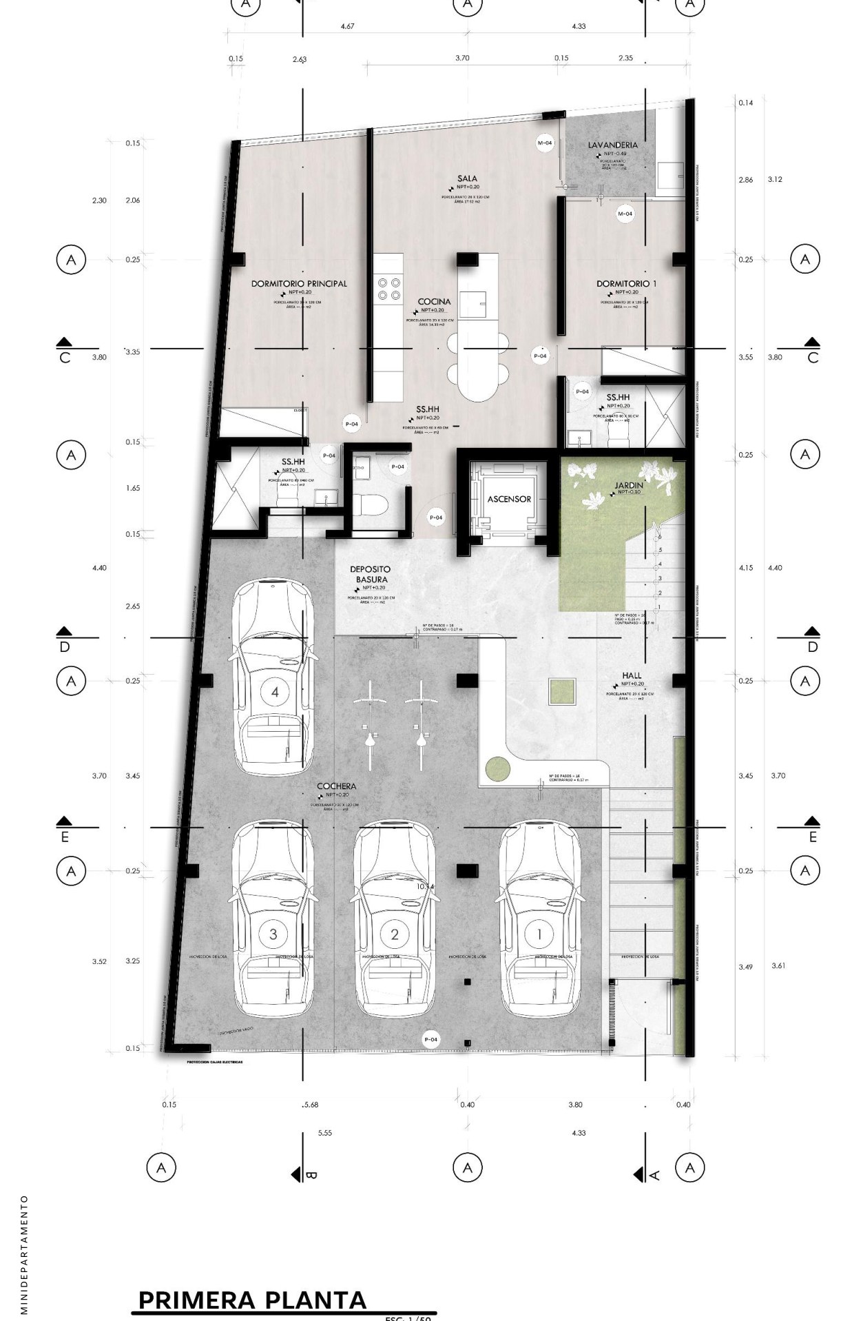 Plano amoblado de la primera planta: minidepartamento de dos dormitorios, cochera para 4 autos, hall con jardín y ascensor