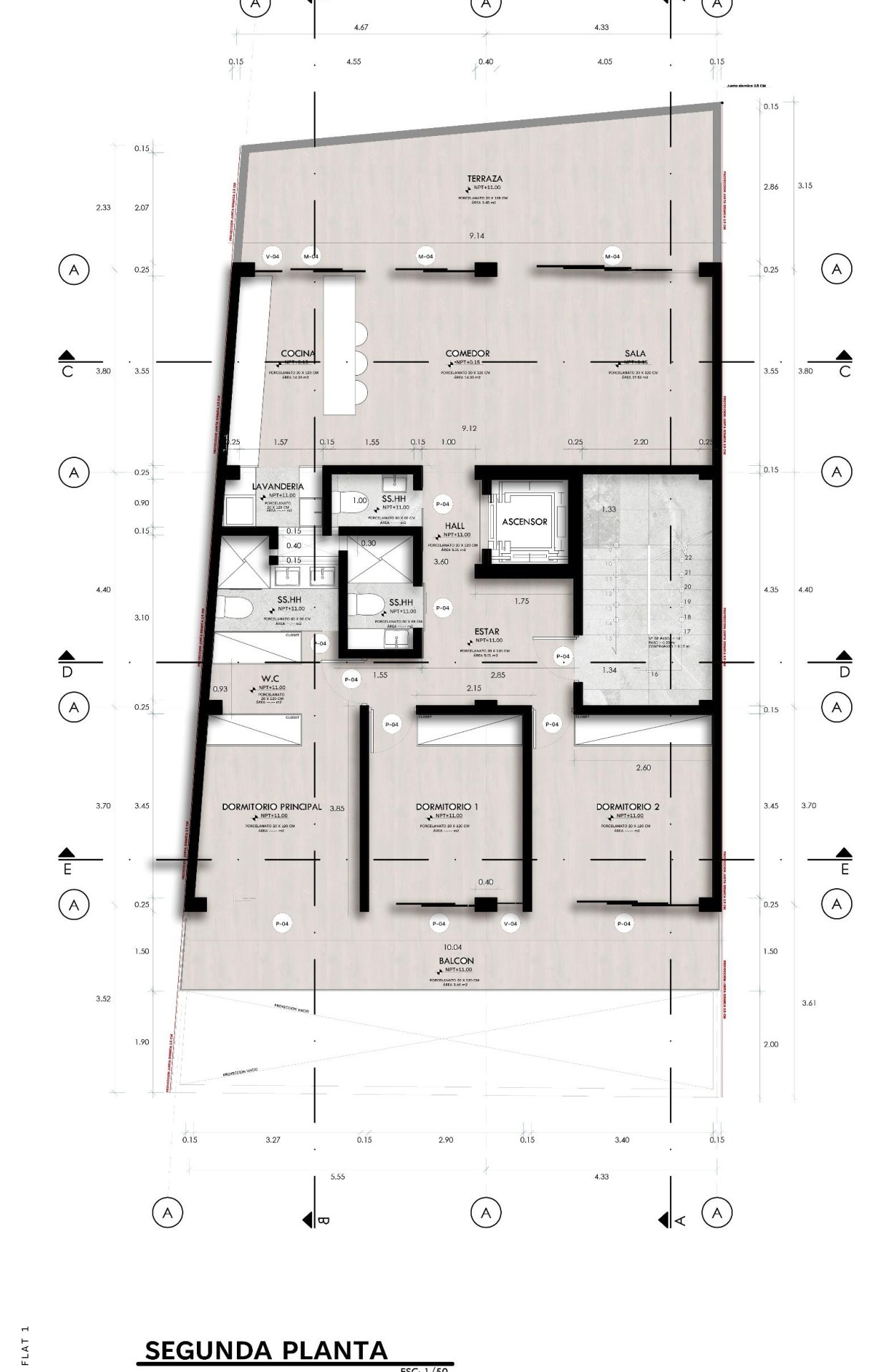 Plano de la segunda planta: flat de tres dormitorios con terraza y balcón