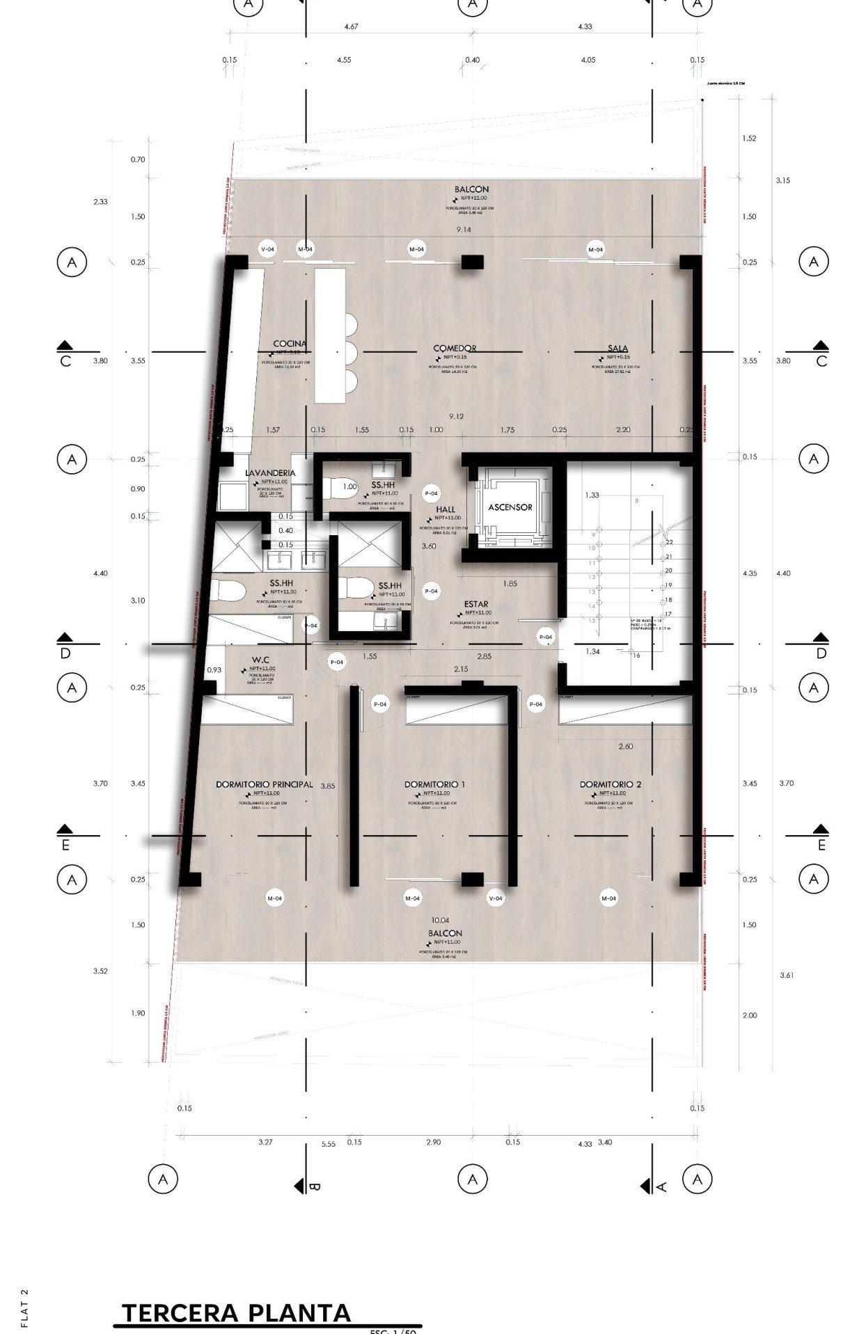 Plano de la tercera planta: flat de tres dormitorios con dos balcones