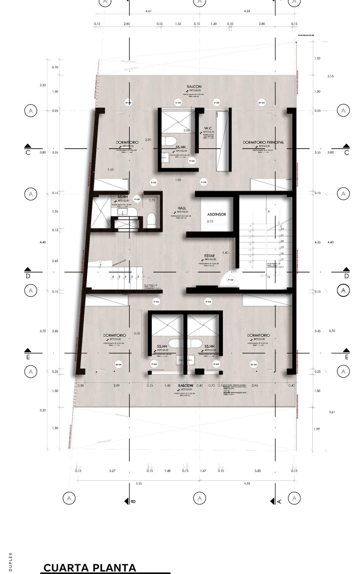Plano de la cuarta planta: nivel de dormitorios del penthouse dúplex