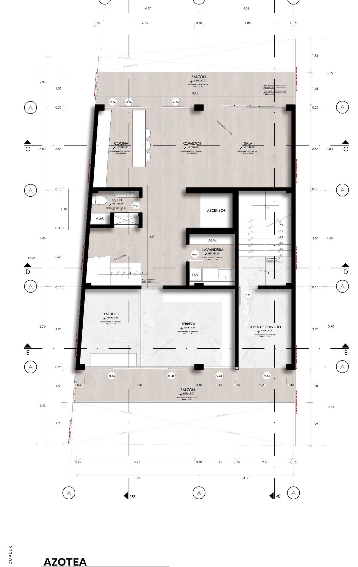 Plano de la azotea: nivel social del penthouse con terraza, estudio y doble altura