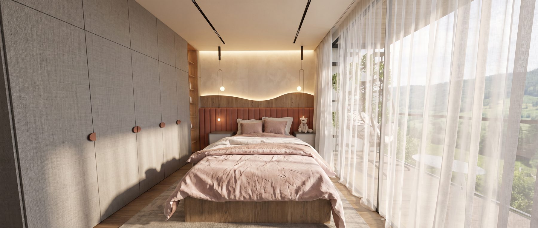 Dormitorio infantil con cabecero rosa empolvado y vista a la terraza