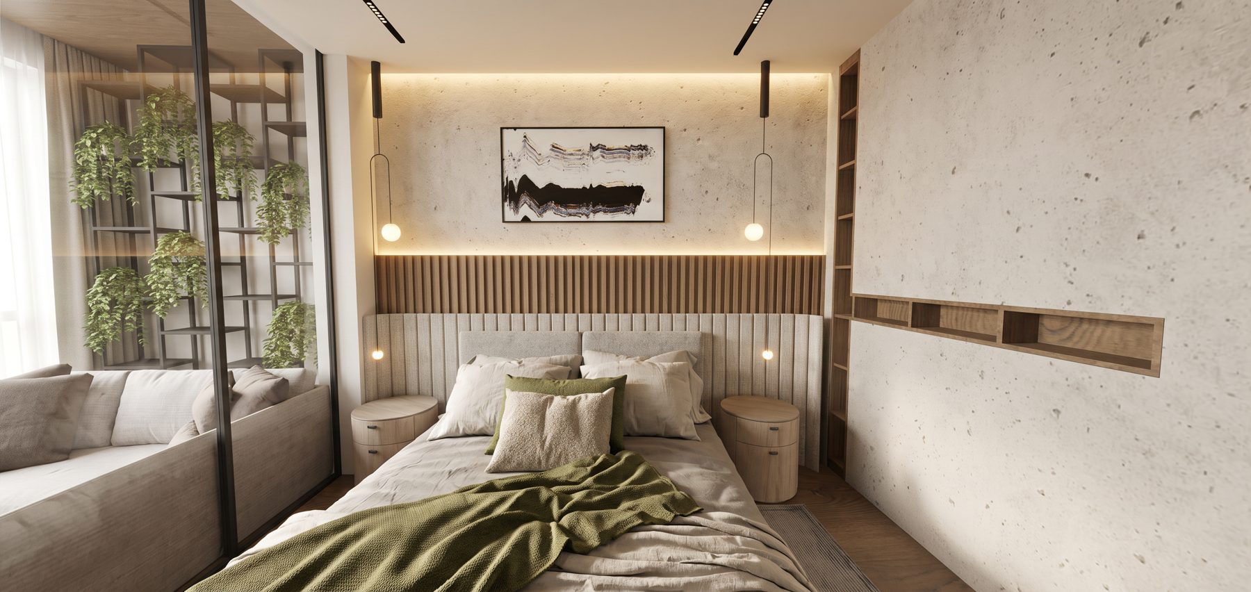 Dormitorio con muro de microcemento, listones de madera y vista a jardín vertical