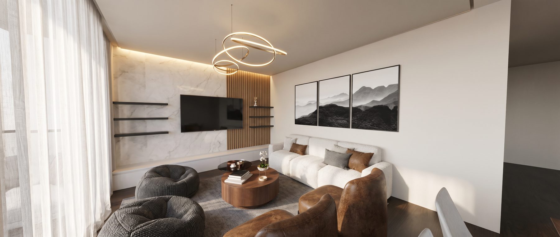 Sala con muro de mármol, listones de roble y tríptico de montañas
