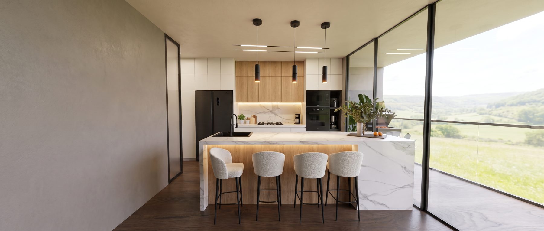 Cocina con isla de mármol, cuatro taburetes y ventanal hacia el valle
