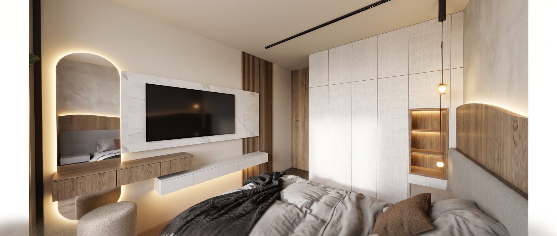 Dormitorio con espejo en arco retroiluminado, mueble flotante y closet de lino